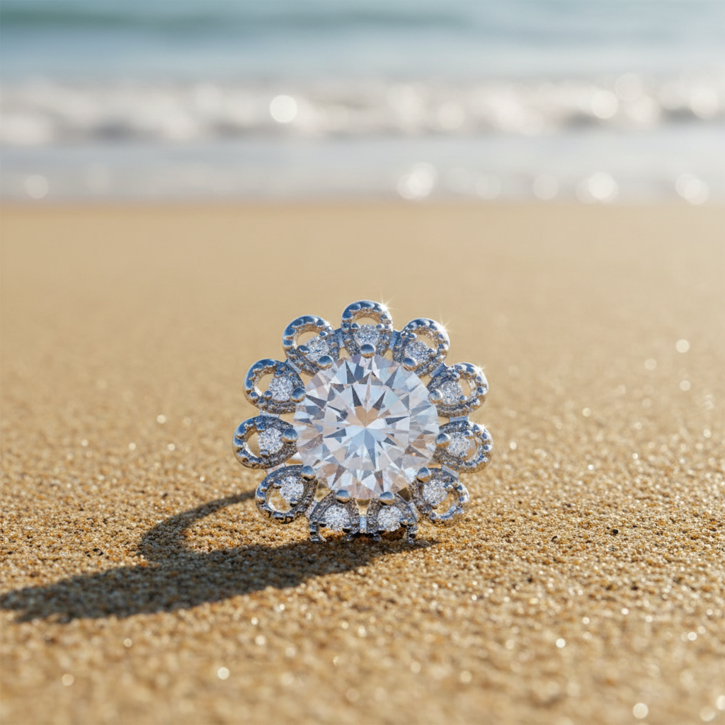 A silver-toned flower-shaped snap button featuring a large round brilliant-cut clear center stone surrounded by multiple smaller clear stones in openwork circular and oval settings, shown on a plain white background.