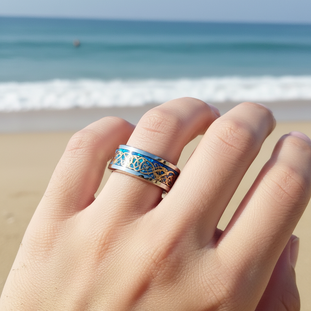 Gold Swirl W/Blue Base Stainless Steel Ring