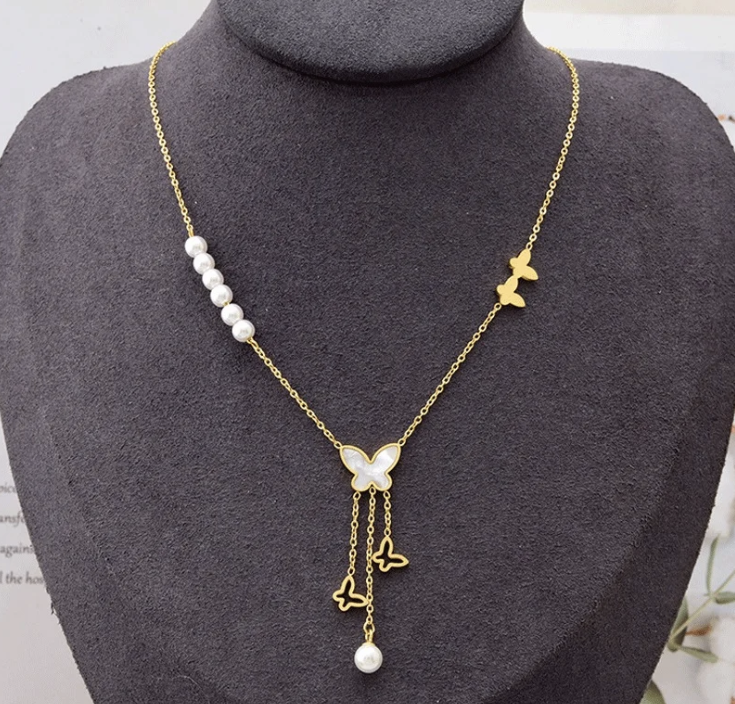 Pearl Butterfly Shell 3 Tassel Charms Necklace