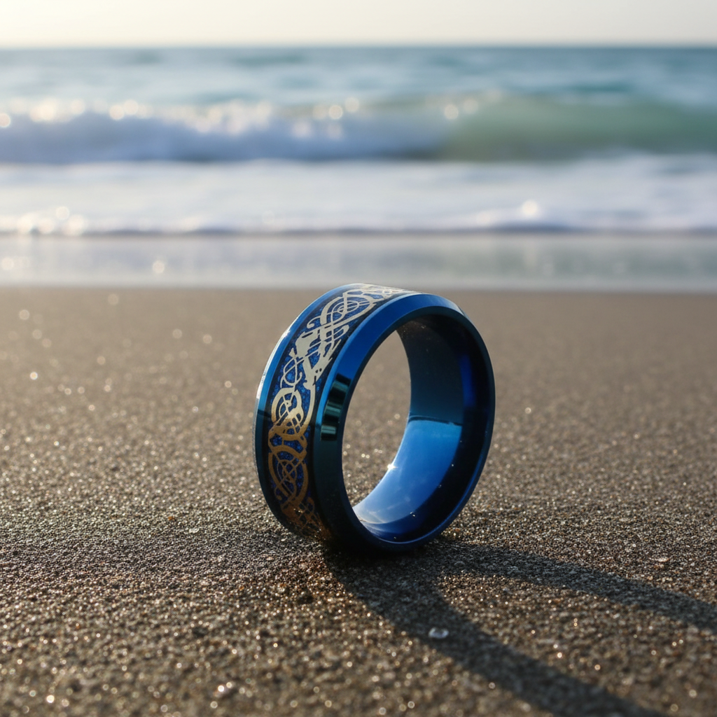 Blue With Gold Swirl Stainless Steel Ring