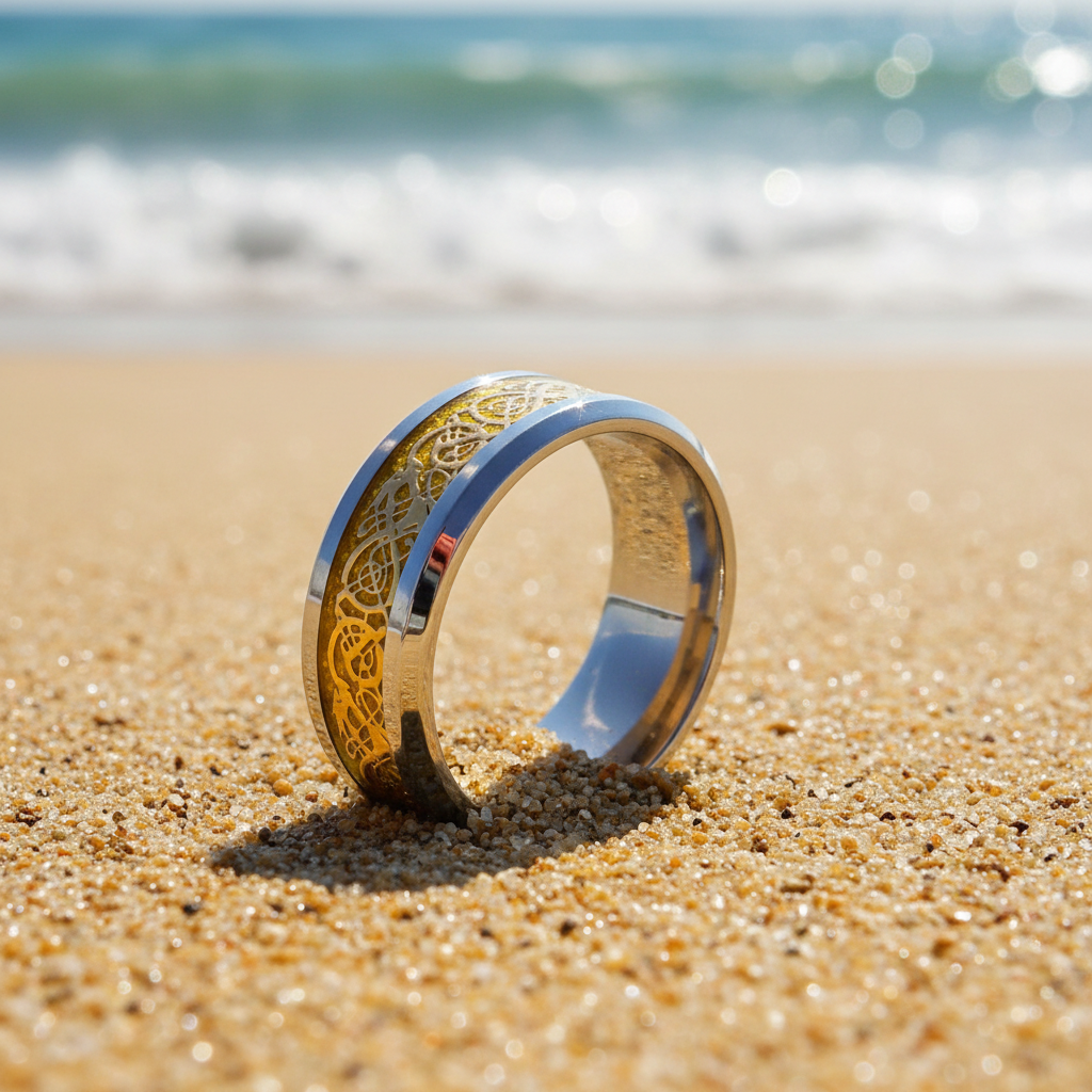 Silver W/Gold Swirl Stainless Steel Ring