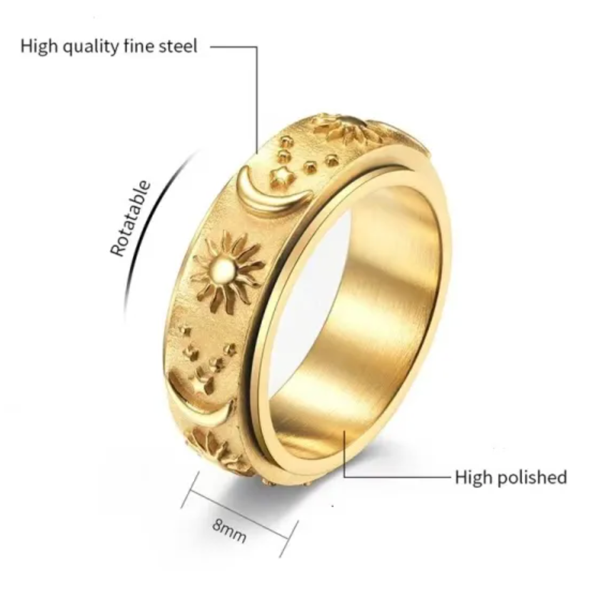 Sun, Moon & Stars Stainless Steel Spin Ring
