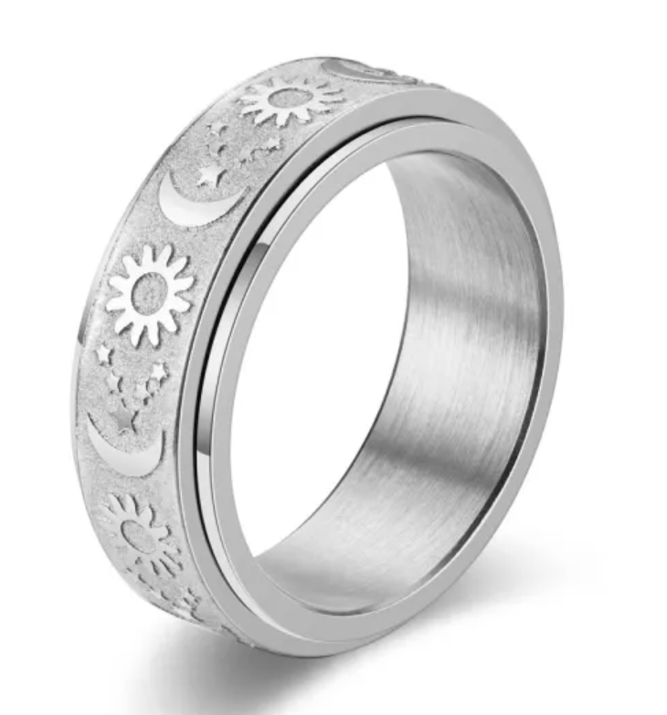 Silver moon, sun & stars stainless steel spin ring