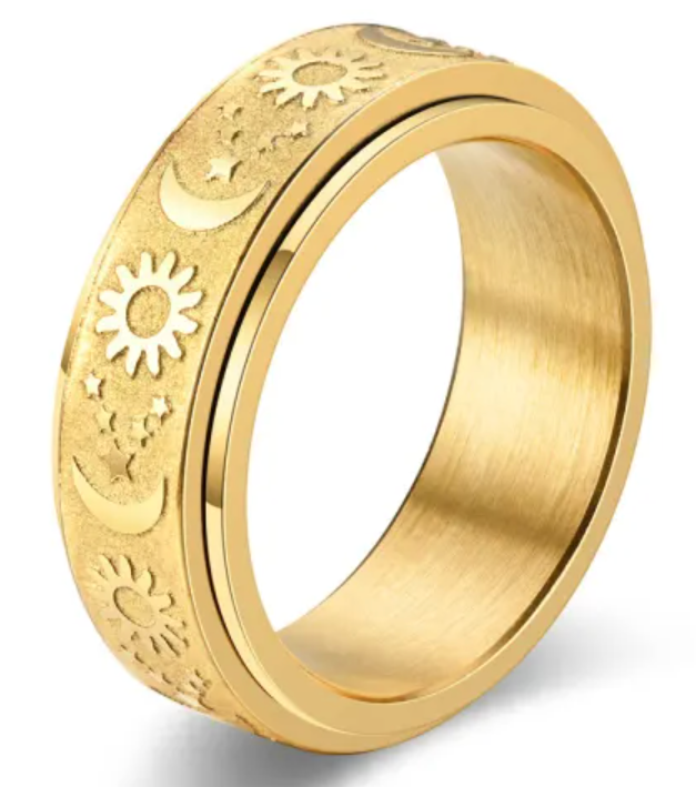 Gold moon, sun & stars stainless steel spin ring