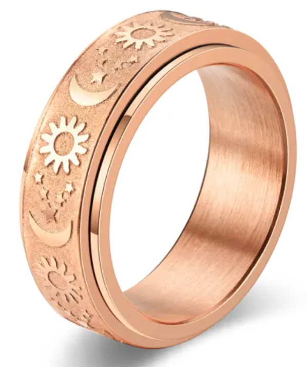 Rose Gold Tone moon, sun & stars stainless steel spin ring