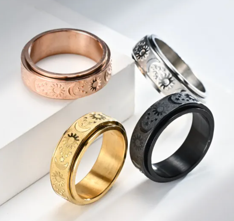 moon, sun & stars stainless steel spin rings