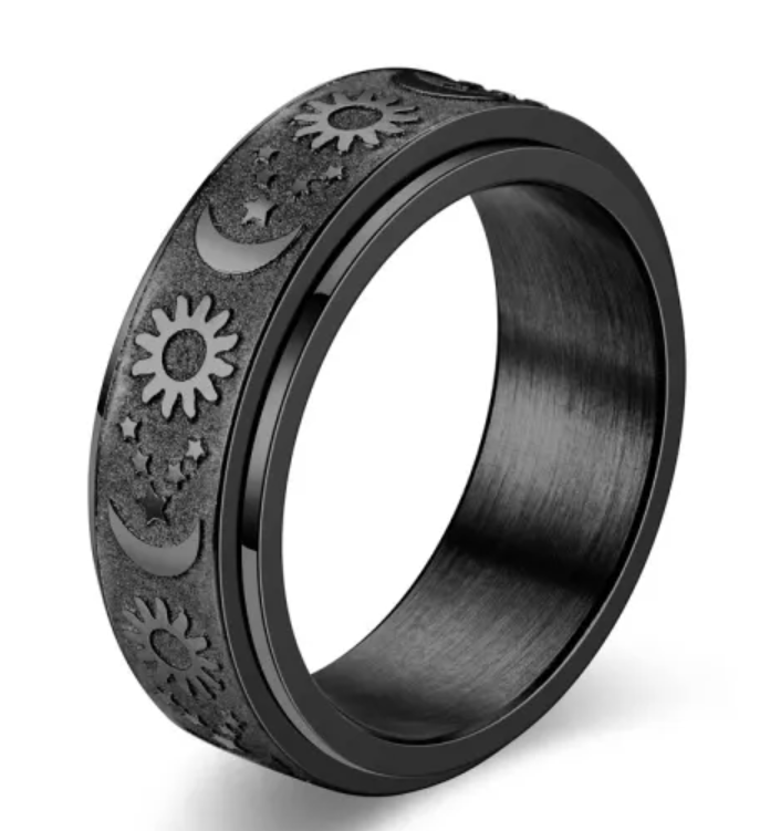 Black moon, sun & stars stainless steel spin ring