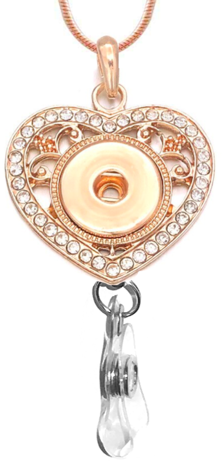 Statement Rose Gold Crystal Heart Badge Reel Necklace