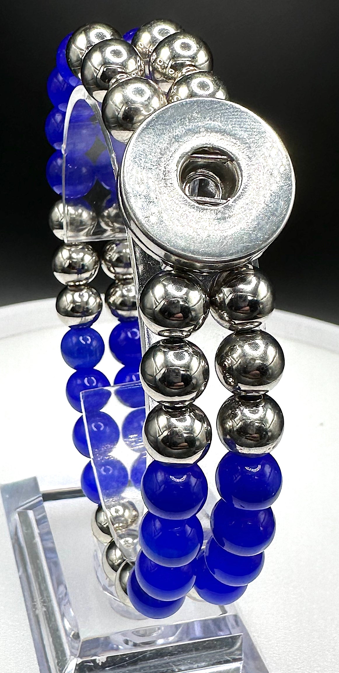 Statement Silver & Deep Blue Cats Eye Beaded Stretch Bracelet