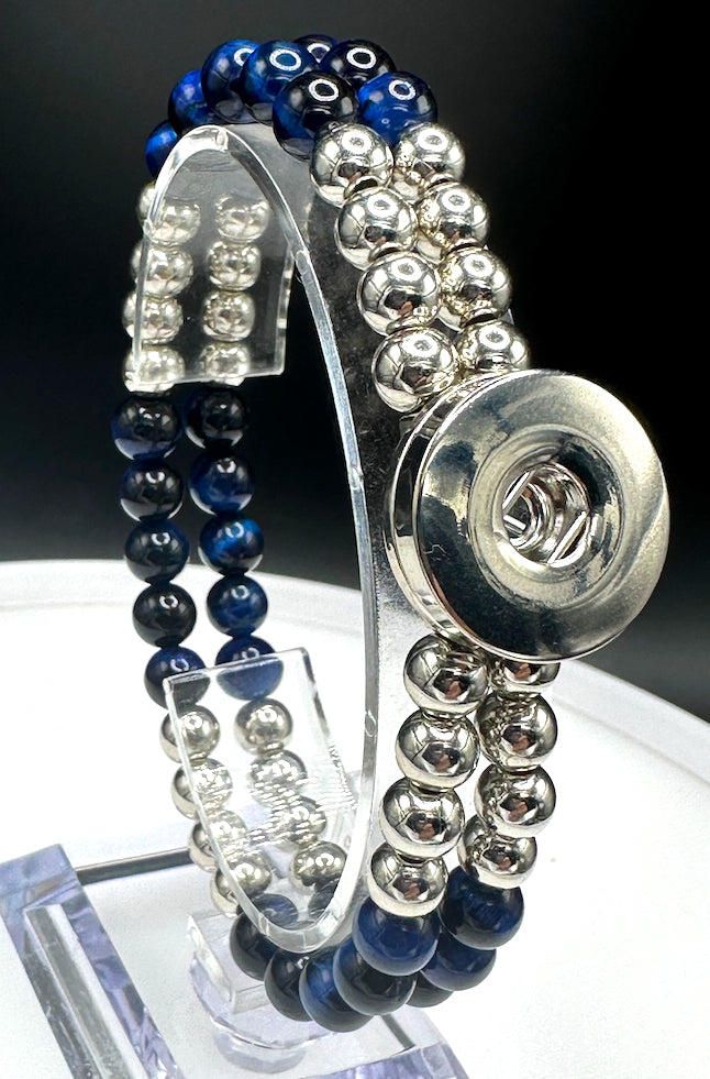 Statement Deep Blue & Silver Cats Eye Beaded Stretch Bracelet