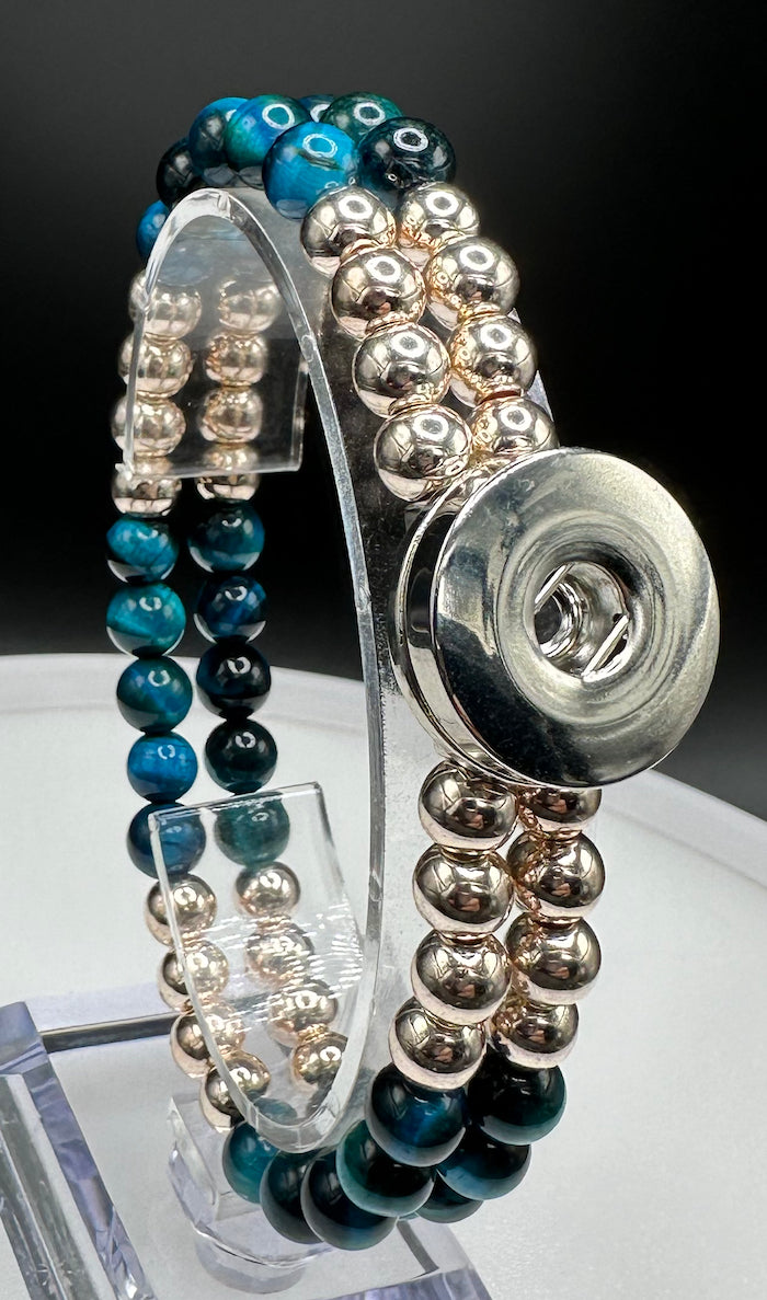 Statement Rose Gold & Variegated Blue Beaded Stretch Bracelet