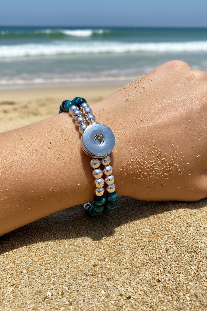 Statement Rose Gold & Variegated Blue Beaded Stretch Bracelet