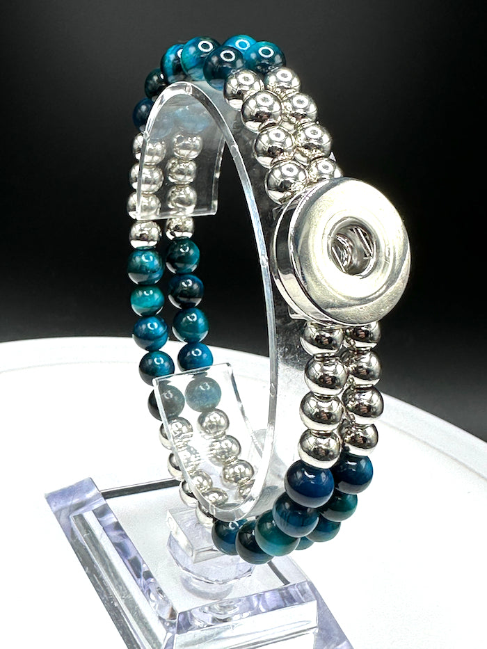 Statement Silver & Variegated Blue Beaded Stretch Bracelet