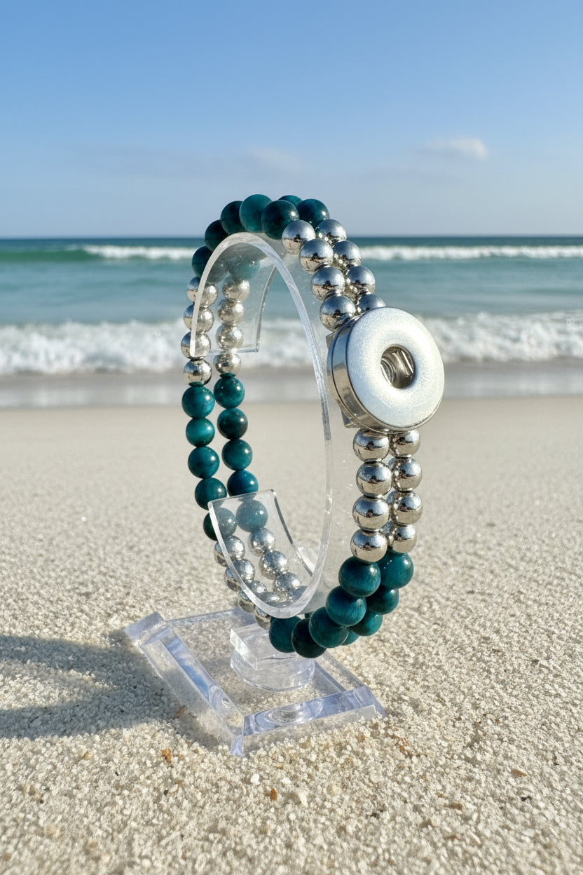 Statement Silver & Variegated Blue Beaded Stretch Bracelet