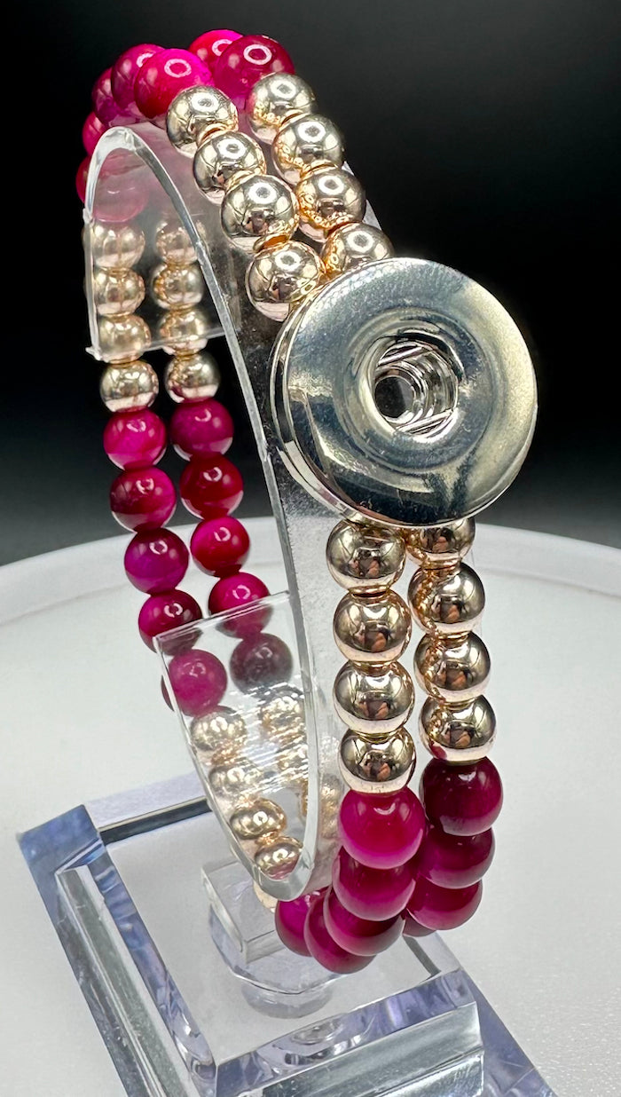 Statement Deep Pink & Rose Gold Cats Eye Beaded Stretch Bracelet