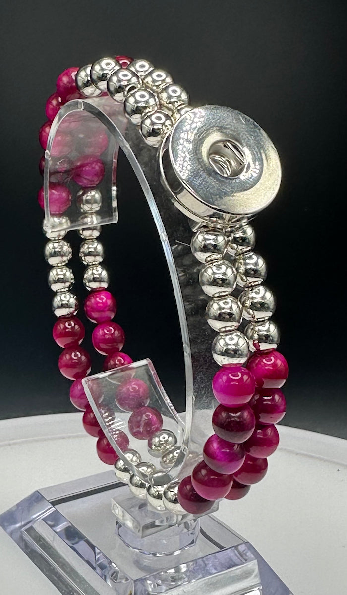 Statement Deep Pink & Silver Cats Eye Beaded Stretch Bracelet