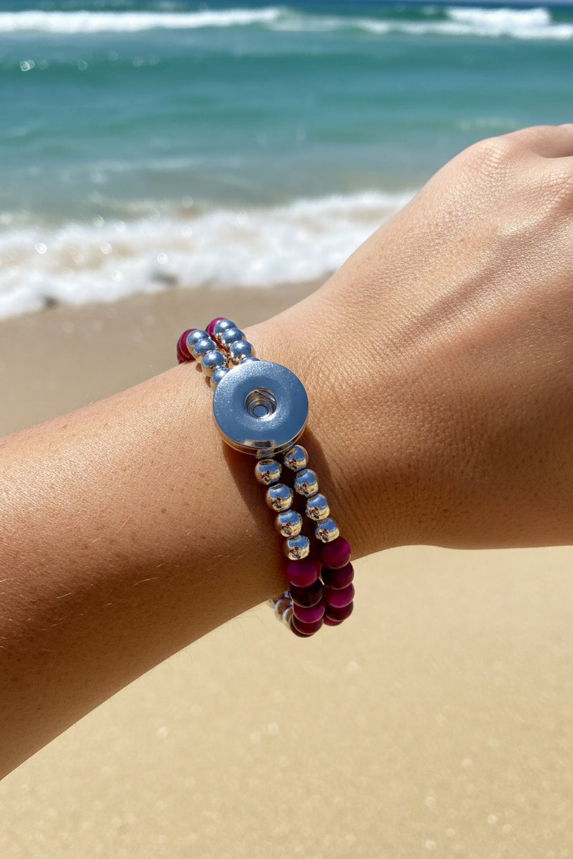 Statement Deep Pink & Silver Cats Eye Beaded Stretch Bracelet