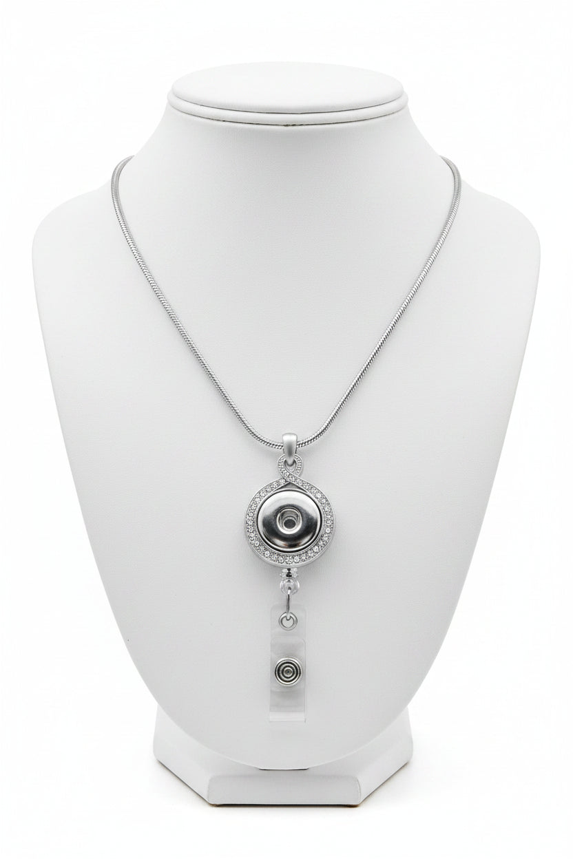 Statement Silver Tone Elegant Swirl Badge Reel Dangle Necklace