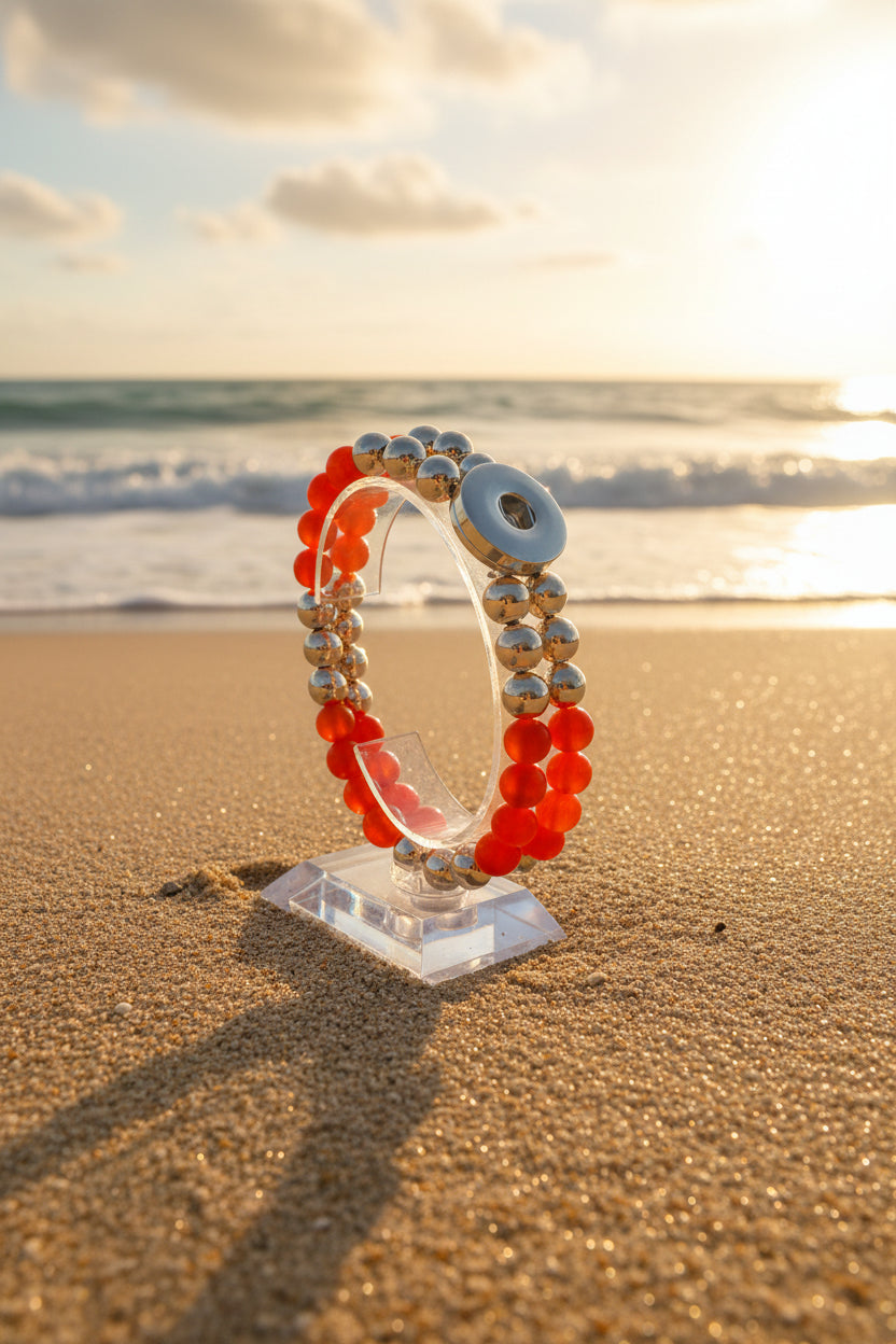 Statement Rose Gold & Fire (Red/Orange) Cats Eye Beaded Stretch Bracelet
