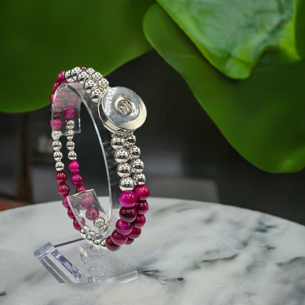 Statement Deep Pink & Silver Cats Eye Beaded Stretch Bracelet