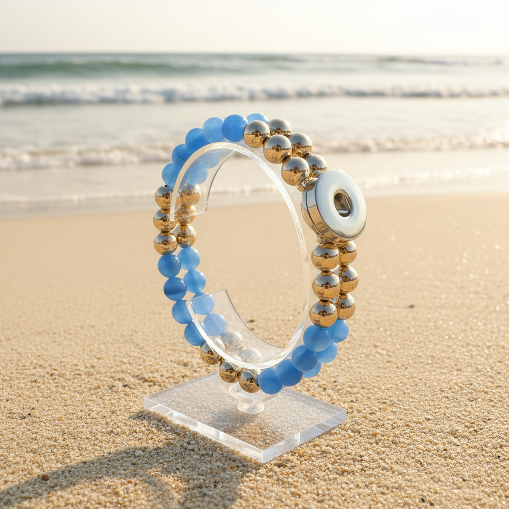 Statement Rose Gold & Sky Blue Cats Eye Beaded Stretch Bracelet