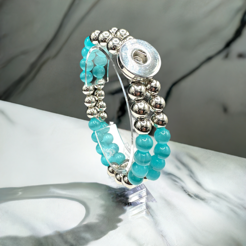 Statement Teal & Silver Cats Eye Beaded Stretch Bracelet