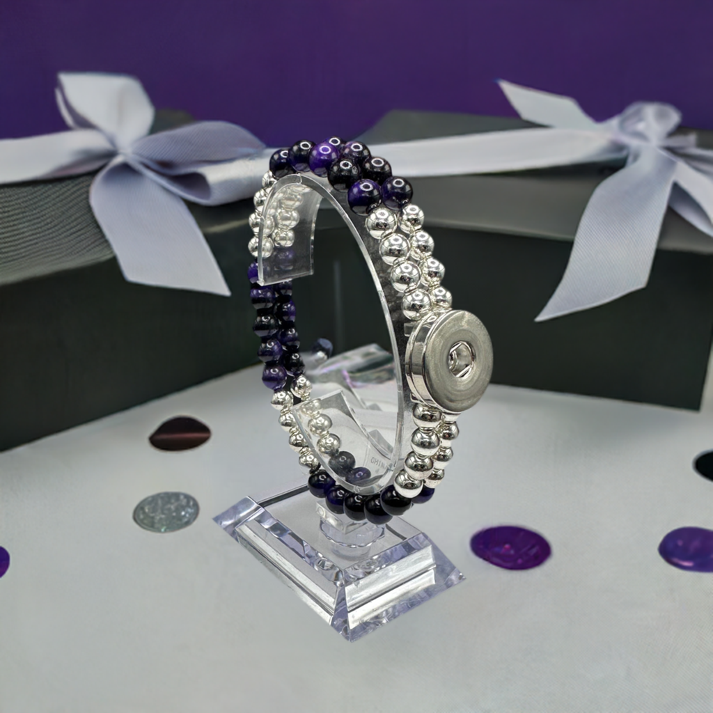 Statement Deep Purple & Silver Cats Eye Beaded Stretch Bracelet