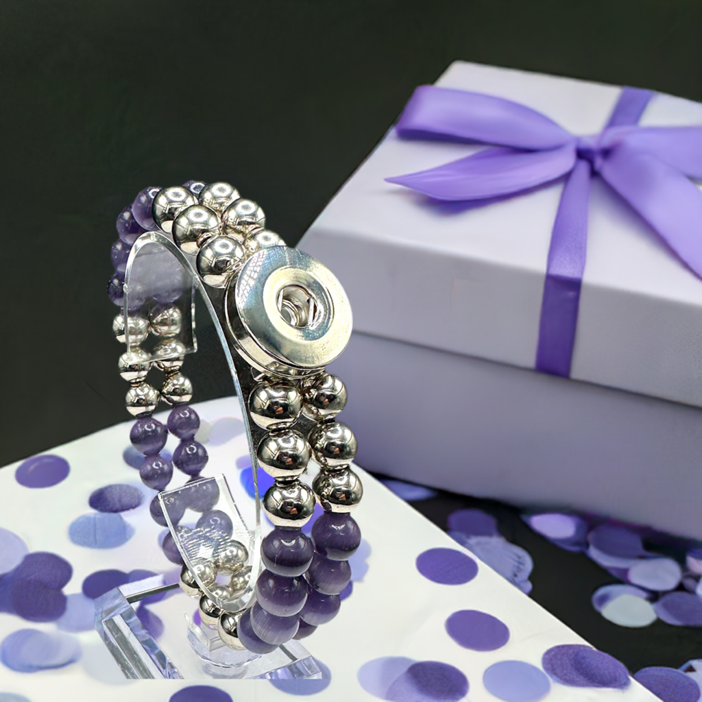 Statement Deep Purple & Silver Cats Eye Beaded Stretch Bracelet