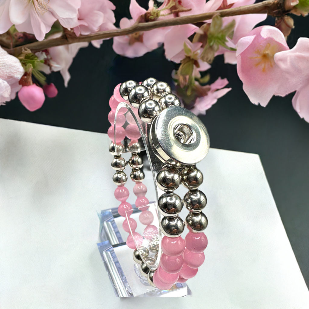 Statement Silver & Pink Cats Eye Beaded Stretch Bracelet