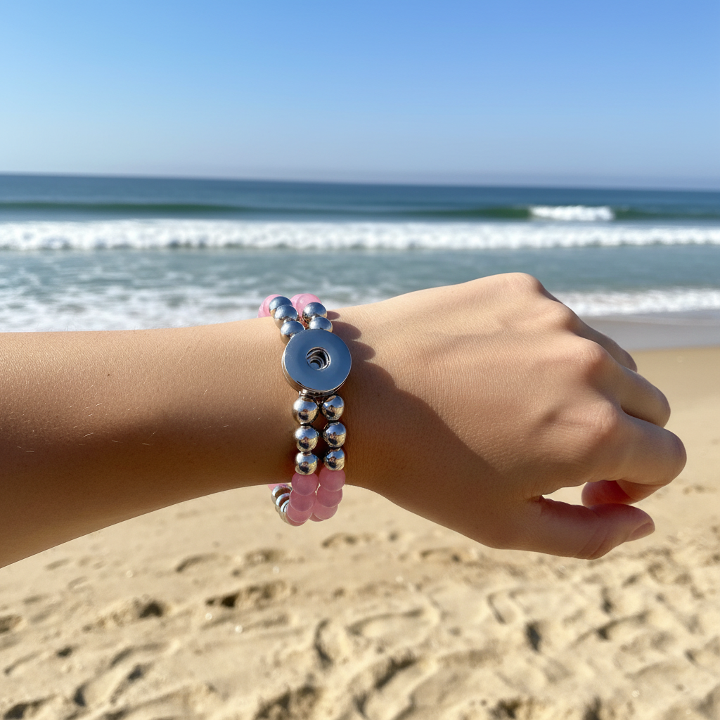 Statement Silver & Pink Cats Eye Beaded Stretch Bracelet