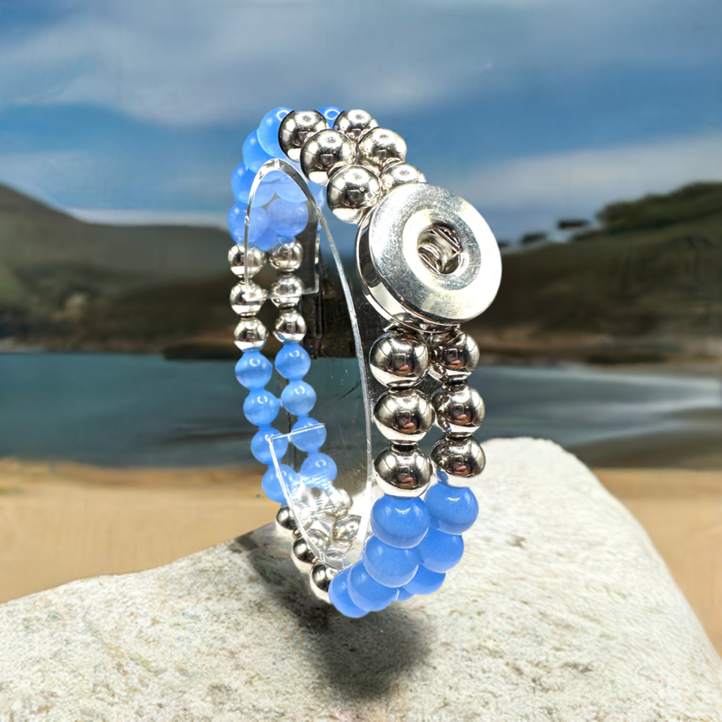 Statement Silver & Sky Blue Cats Eye Beaded Stretch Bracelet