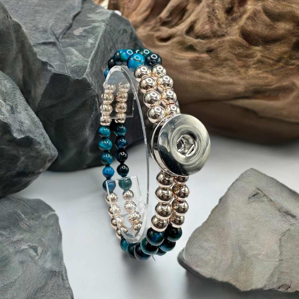 Statement Rose Gold & Variegated Blue Beaded Stretch Bracelet