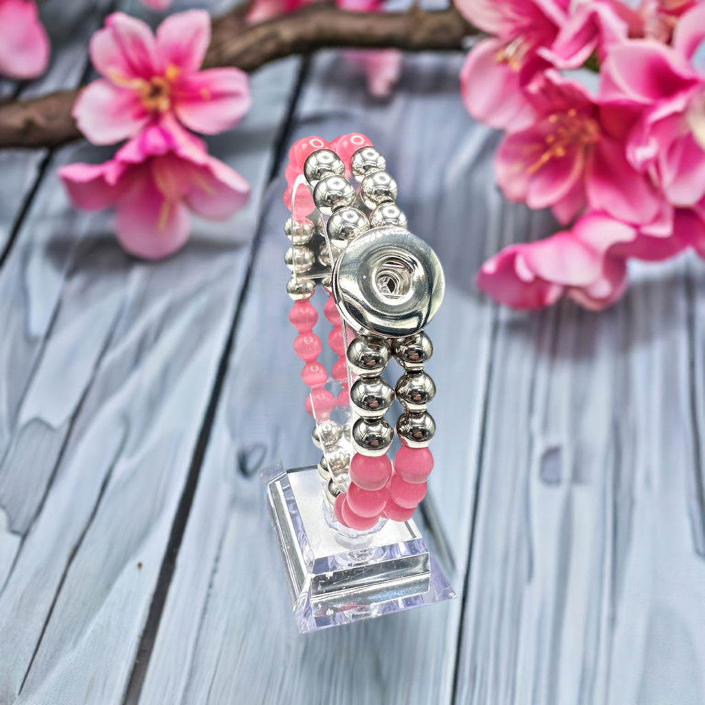 Statement Deep Pink & Silver Cats Eye Beaded Stretch Bracelet