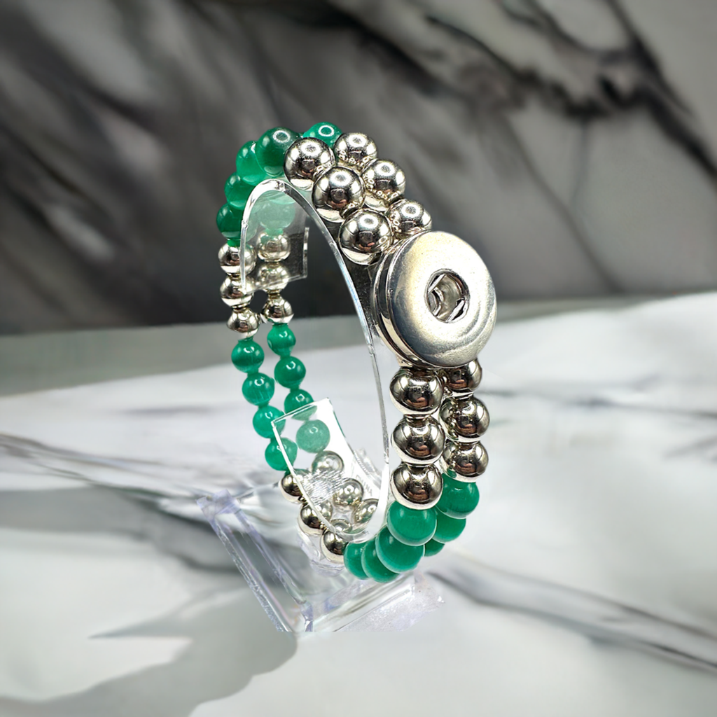 Statement Silver & Green Cats Eye Beaded Stretch Bracelet