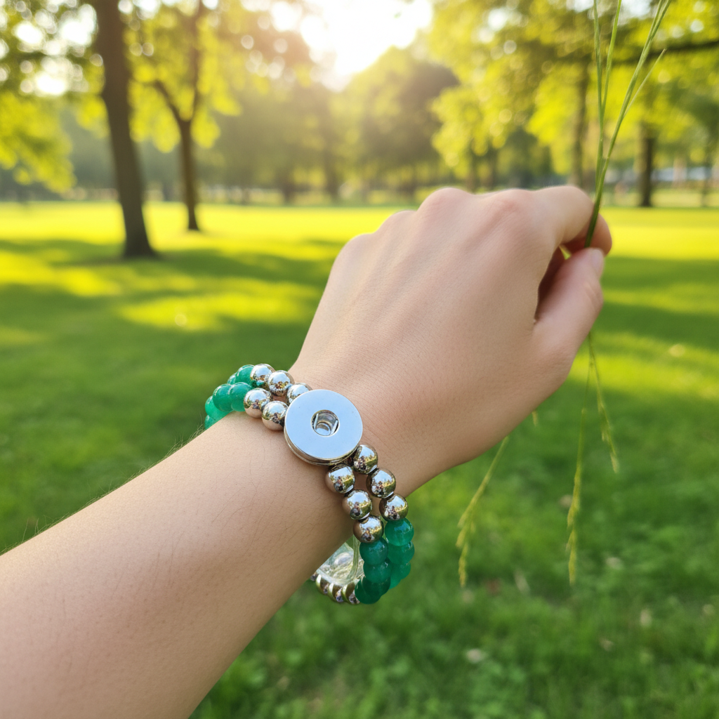 Statement Silver & Green Cats Eye Beaded Stretch Bracelet