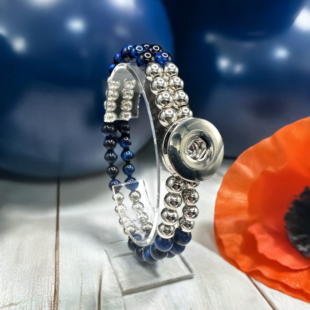 Statement Deep Blue & Silver Cats Eye Beaded Stretch Bracelet
