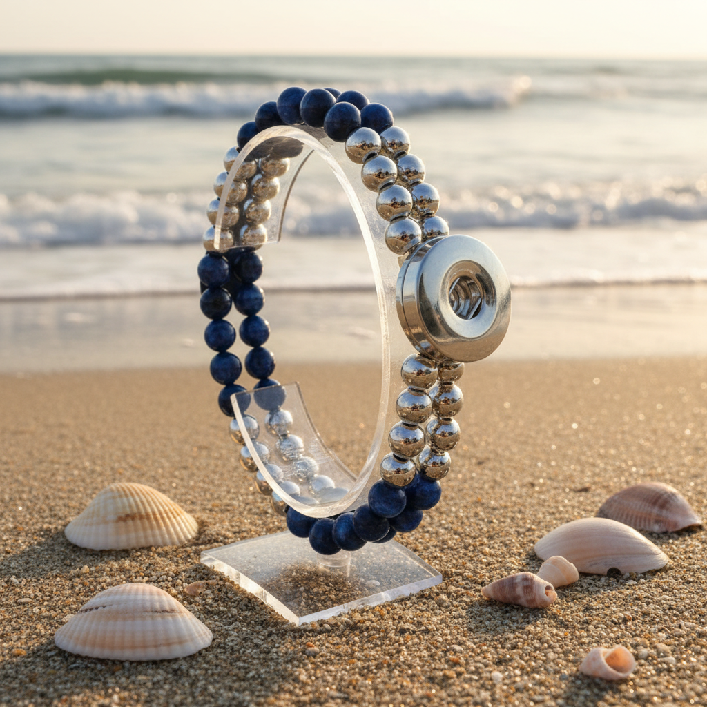 Statement Deep Blue & Silver Cats Eye Beaded Stretch Bracelet