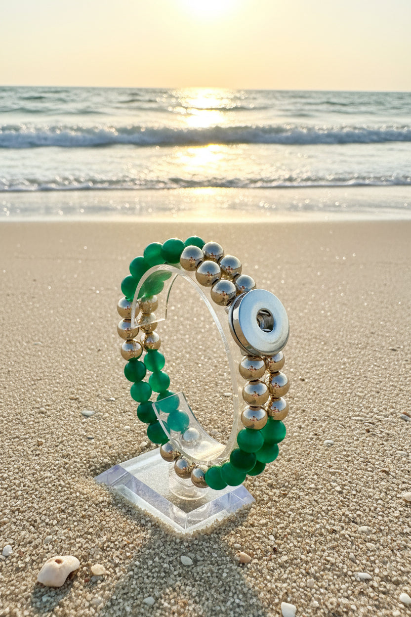 Statement Rose Gold & Green Cats Eye Beaded Stretch Bracelet