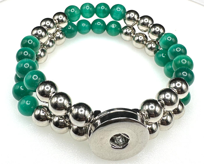 Statement Silver & Green Cats Eye Beaded Stretch Bracelet
