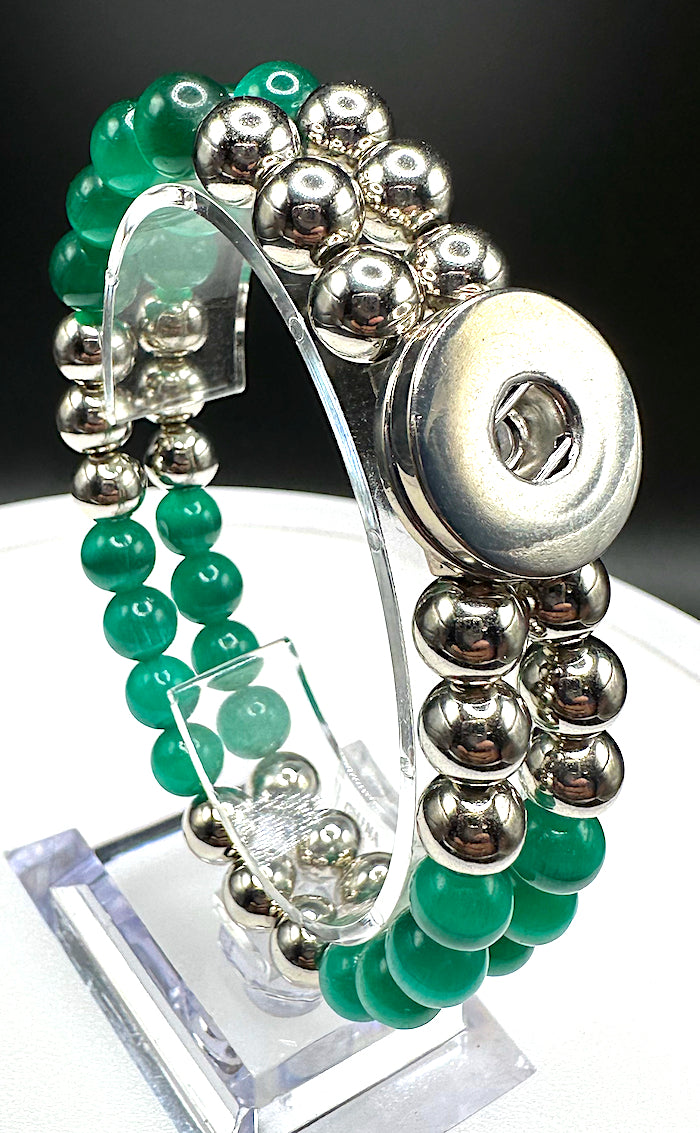 Statement Silver & Green Cats Eye Beaded Stretch Bracelet