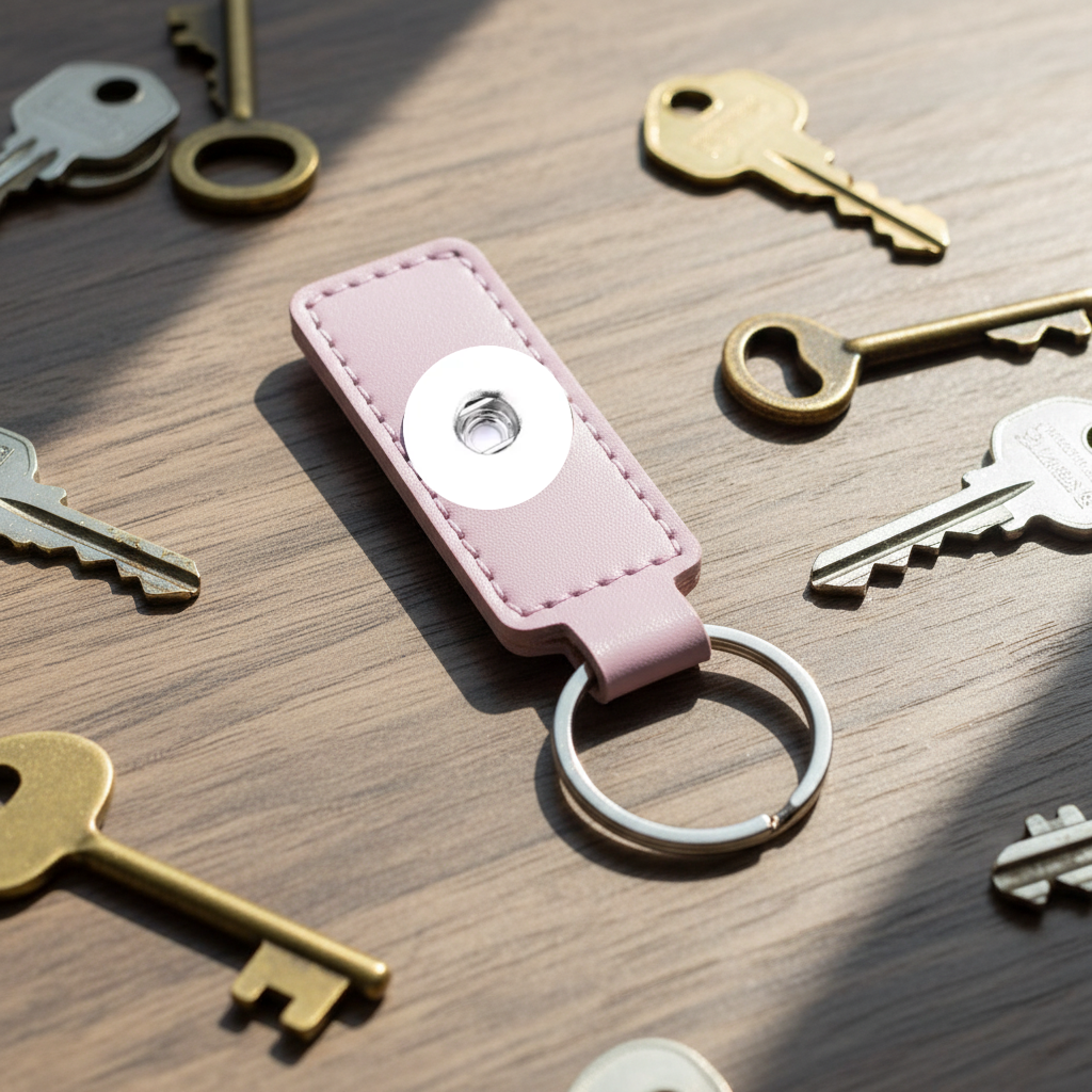 A lavender leather keychain with a silver metal key ring, placed on a wooden surface surrounded by various keys.