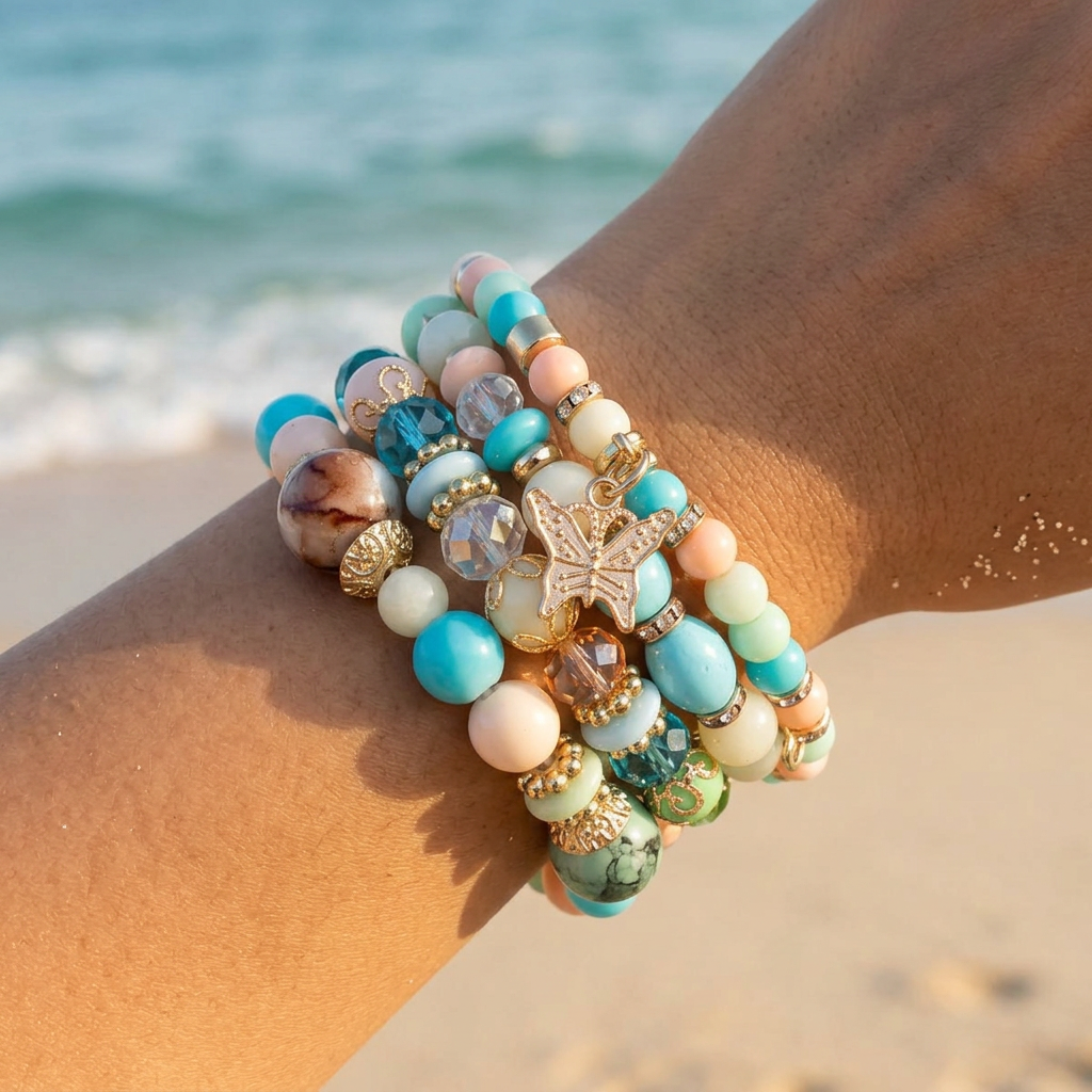 Bohemian Multi-Layer Beaded Bracelet With Butterfly Dangle - Multi Colored