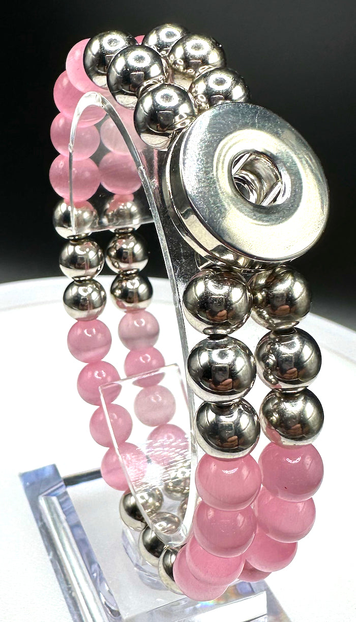 Statement Silver & Pink Cats Eye Beaded Stretch Bracelet