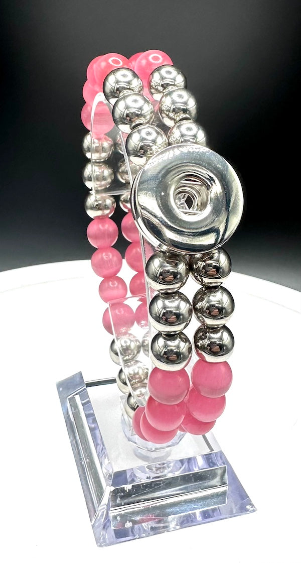 Statement Deep Pink & Silver Cats Eye Beaded Stretch Bracelet