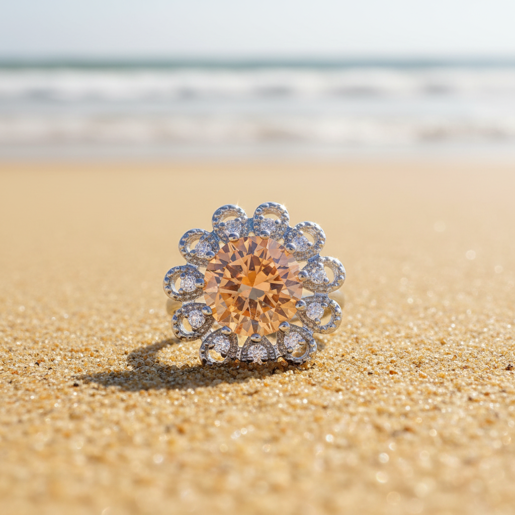 A floral-shaped silver snap button featuring a large round faceted orange gemstone in the center, surrounded by eight smaller silver rings set with clear stones, on sunny beach