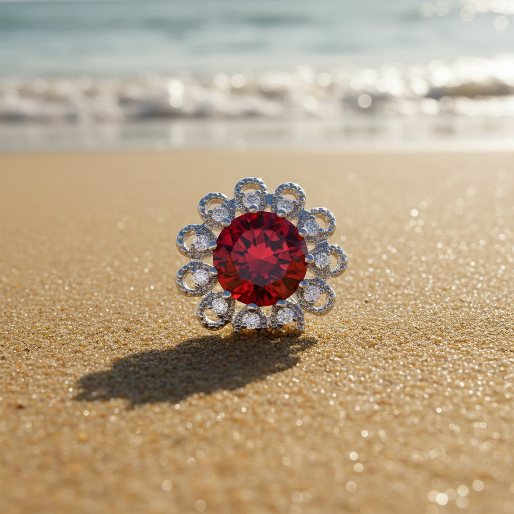 A silver-toned flower-shaped snap button featuring a large round red gemstone in the center, surrounded by multiple smaller clear stones, set against a sunny beach backdrop