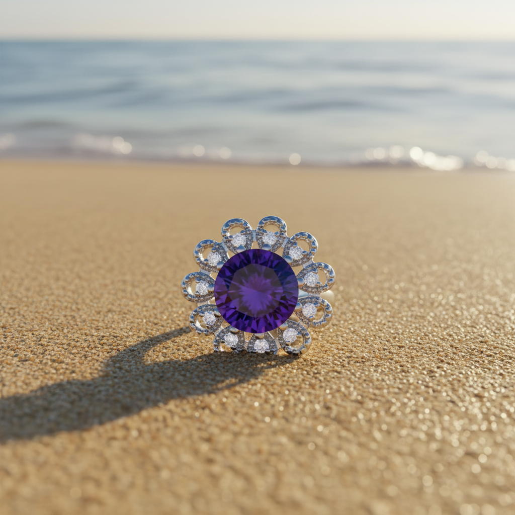 A silver-tone snap button featuring a large round purple gemstone surrounded by a halo of small clear stones, set against a sparkling white background.