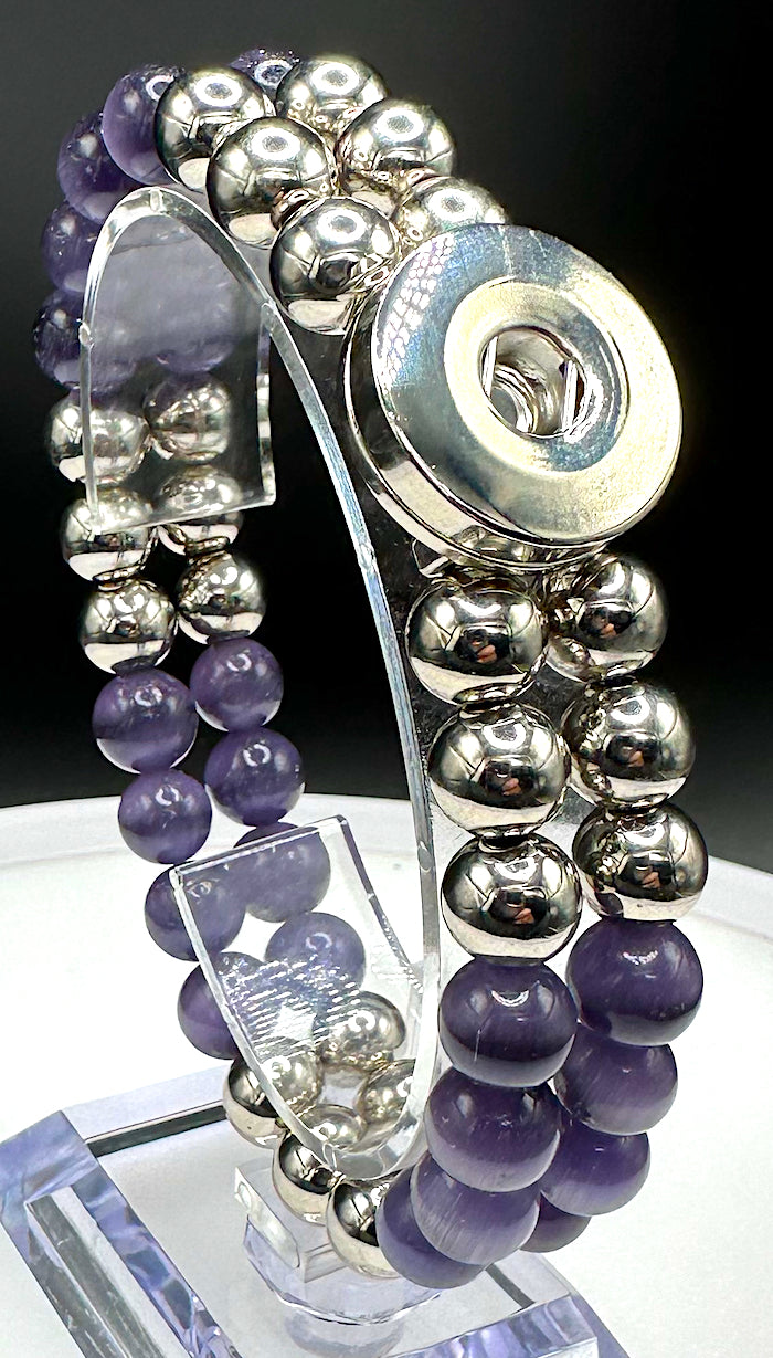 Statement Deep Purple & Silver Cats Eye Beaded Stretch Bracelet