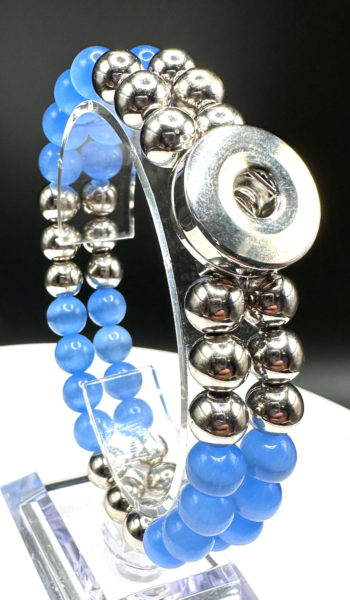 Statement Silver & Sky Blue Cats Eye Beaded Stretch Bracelet
