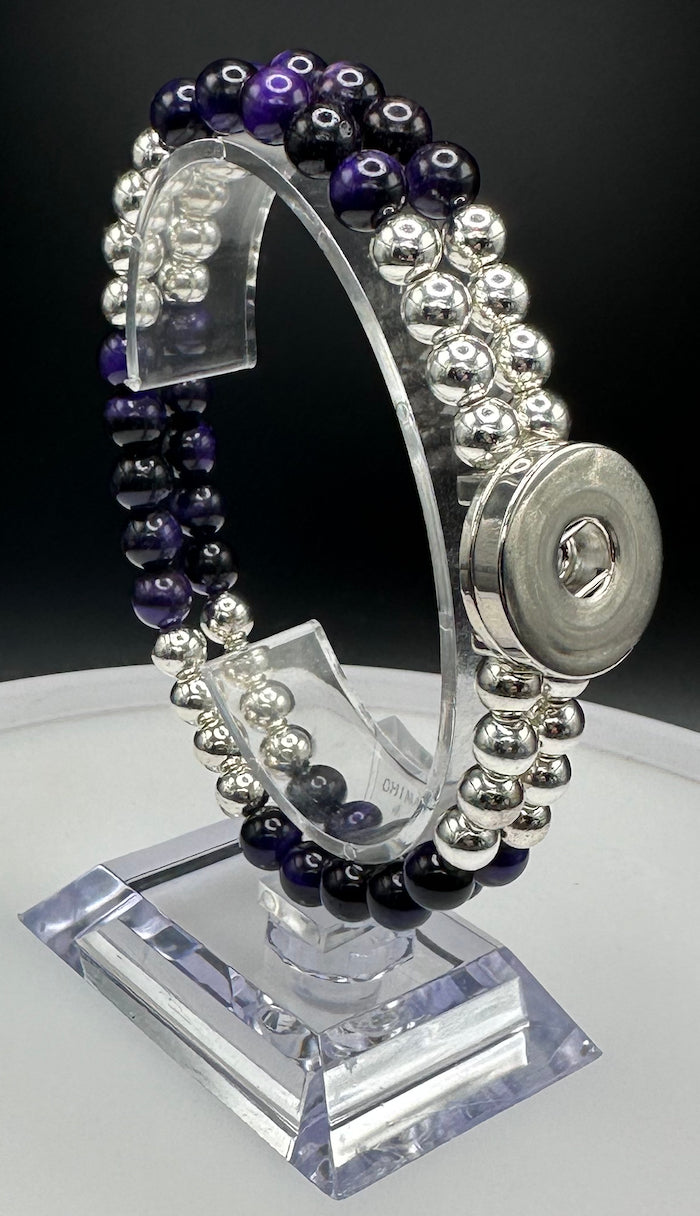 Statement Deep Purple & Silver Cats Eye Beaded Stretch Bracelet